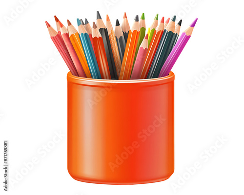 A colorful array of pencils stand upright in a red ceramic holder, Transparent background