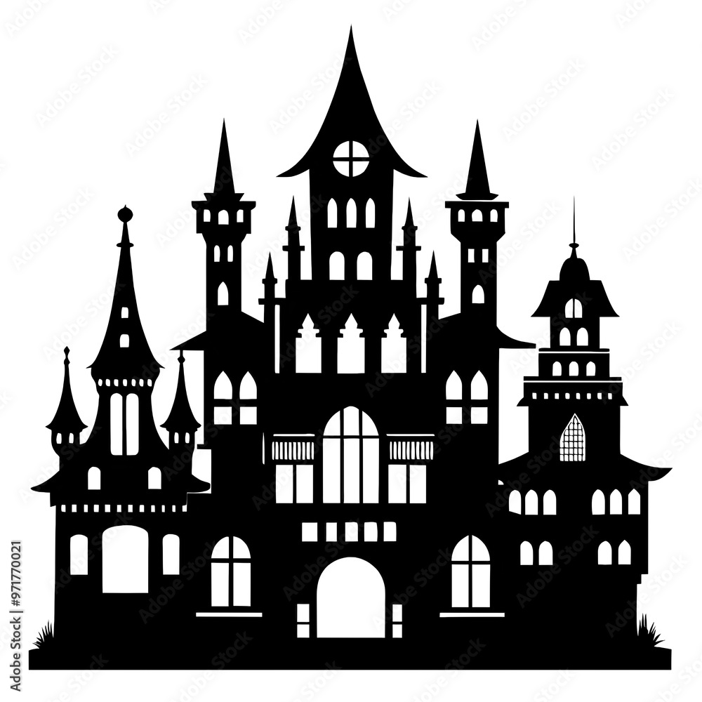 This artwork features a detailed black silhouette of a collection of palaces highlighting their intricate architecture and whimsical design elements This artwork features a detailed black silhouette of a collection of palaces highlighting their intricate architecture and whimsical design elements