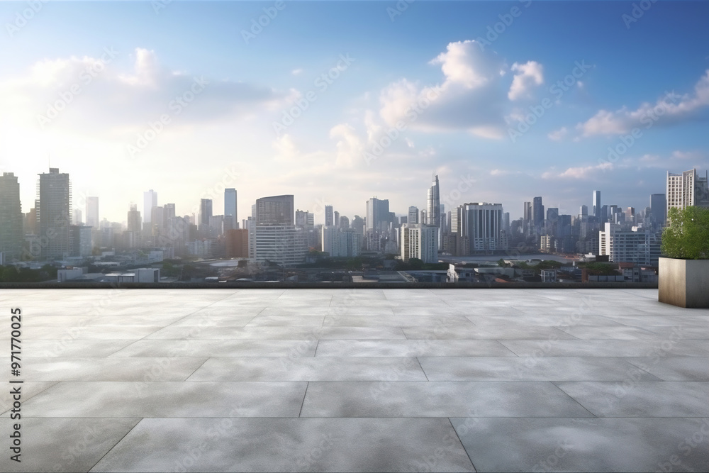 Empty concrete floor facing cityscape Empty concrete floor facing cityscape