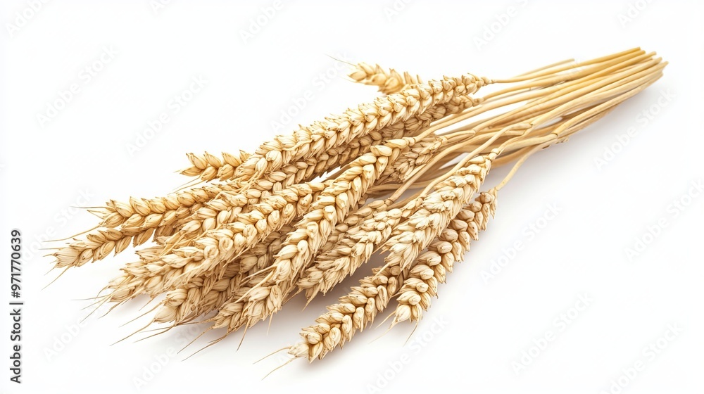 Isolated wheat ears on a white backdrop. Design component of packaging with clipping path. Depth of field at maximum. Isolated wheat ears on a white backdrop. Design component of packaging with clipping path. Depth of field at maximum.