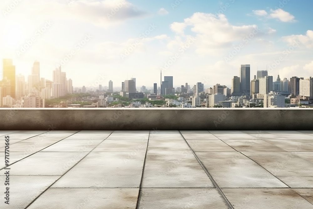 Empty concrete floor with city skyline background Empty concrete floor with city skyline background