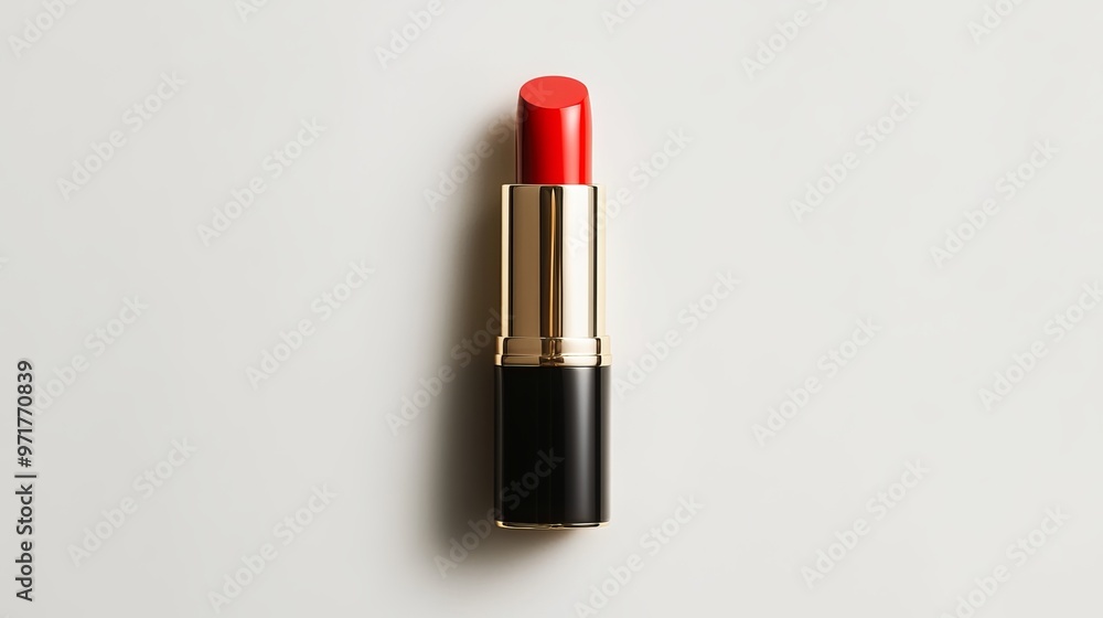 Mesmerizing red lipstick tube elegantly encased in a sophisticated black and gold exterior, captured against a pristine white backdrop. Mesmerizing red lipstick tube elegantly encased in a sophisticated black and gold exterior, captured against a pristine white backdrop.