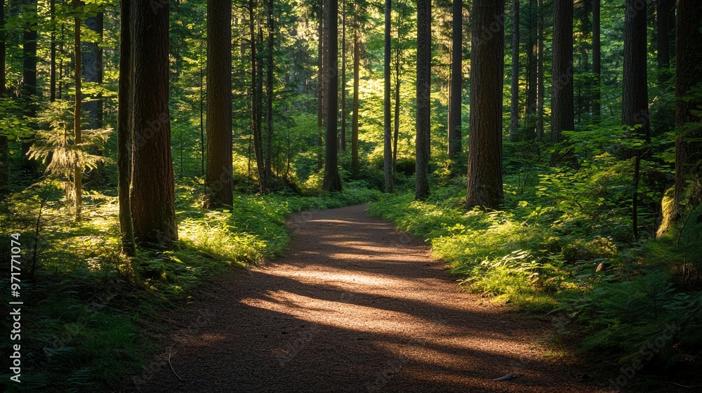 Fototapeta premium A winding path through a lush forest, bathed in the golden light of the sun.