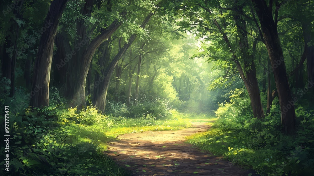 Fototapeta premium A winding path through a lush green forest, bathed in sunlight.