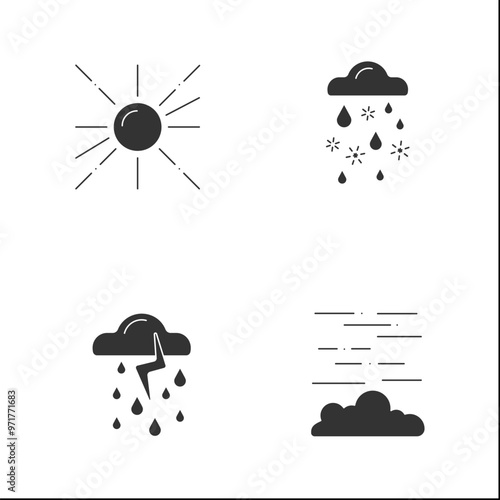 Weather glyph icons set. Sunny day, thunderstorm, windy weather, fog. Meteorology concept. Filled flat signs. Isolated silhouette vector illustrations