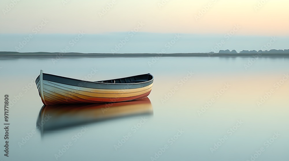 Small wooden boat in still water at sunrise with reflection, peaceful, tranquil scene Small wooden boat in still water at sunrise with reflection, peaceful, tranquil scene