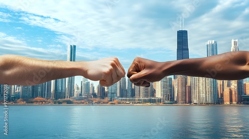 Fist Bump Gesture: Two hands performing a fist bump with a city skyline behind them. 