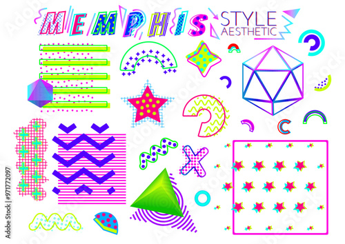 vector illustration in the Memphis Milano style. geometric shapes in vibrant colors, including squiggles, diamonds, pyramids. for design projects with a retro, 80s, 90s, pop art, Memphis aesthetic