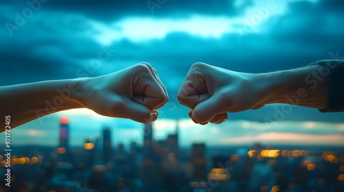 Fist Bump Gesture: Two hands performing a fist bump with a city skyline behind them. 