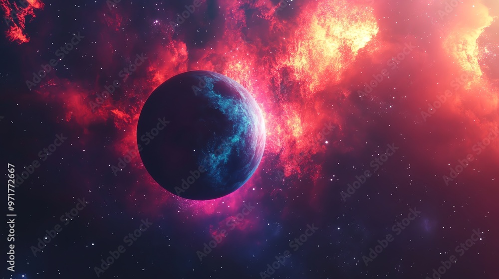 A vibrant blue planet in a red and orange nebula, with sparkling stars in the background. A vibrant blue planet in a red and orange nebula, with sparkling stars in the background.