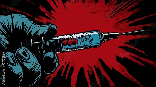 Bold Graphic Illustration of Syringe with Red Background photo