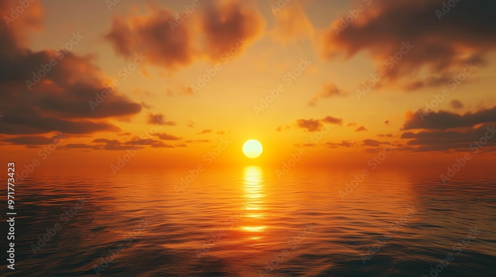 A picturesque sunset over the ocean with a golden sky and clouds. A picturesque sunset over the ocean with a golden sky and clouds.