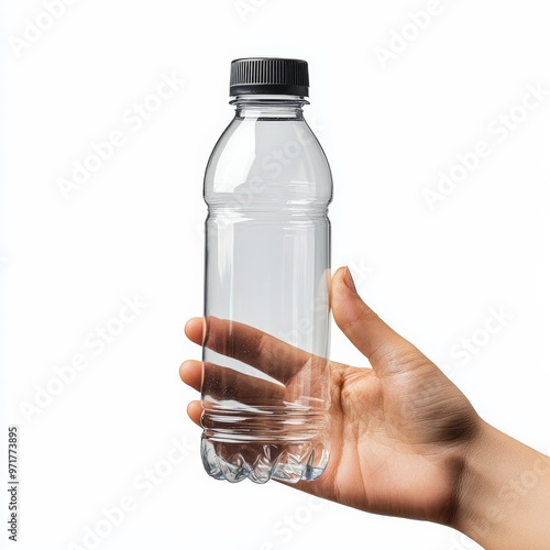 Empty Transparent Plastic Bottle on Hand created with Generative AI