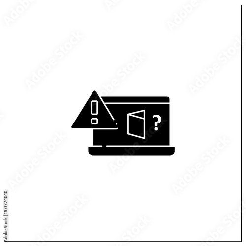 Homepage notification glyph icon. Suspicious shortcut files. Doubtful icons on laptop. Unsafe space. Exclamation pointer. Warnings concept. Filled flat sign. Isolated silhouette vector illustration