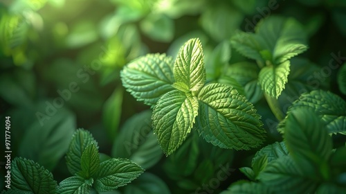 Closeup of lush vibrant green mint leaves growing in a natural environment The fresh aromatic foliage showcases the intricate details and textures of the plant