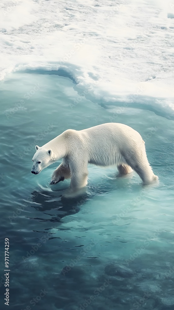 Naklejka premium Endearing polar bear searching for fish with attentive gaze