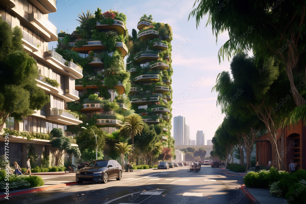 Obraz premium The spectacular eco-futuristic cityscape ESG concept is full of greenery, skyscrapers, parks, and other manmade green spaces in urban areas. Green garden in the modern city