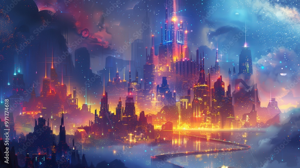 Fototapeta premium Illustrate a digital watercolor architectural scene of a futuristic city with imaginative, colorful structures and glowing lights