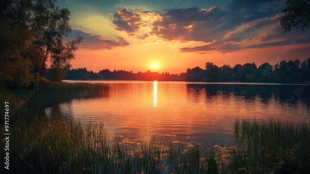 Obraz premium Sunset Reflection on a Tranquil Lake