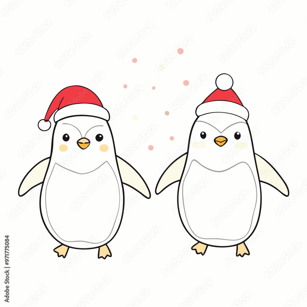 Two adorable penguins wearing red Santa hats celebrating with snowflakes on a white background with copy space Two adorable penguins wearing red Santa hats celebrating with snowflakes on a white background with copy space