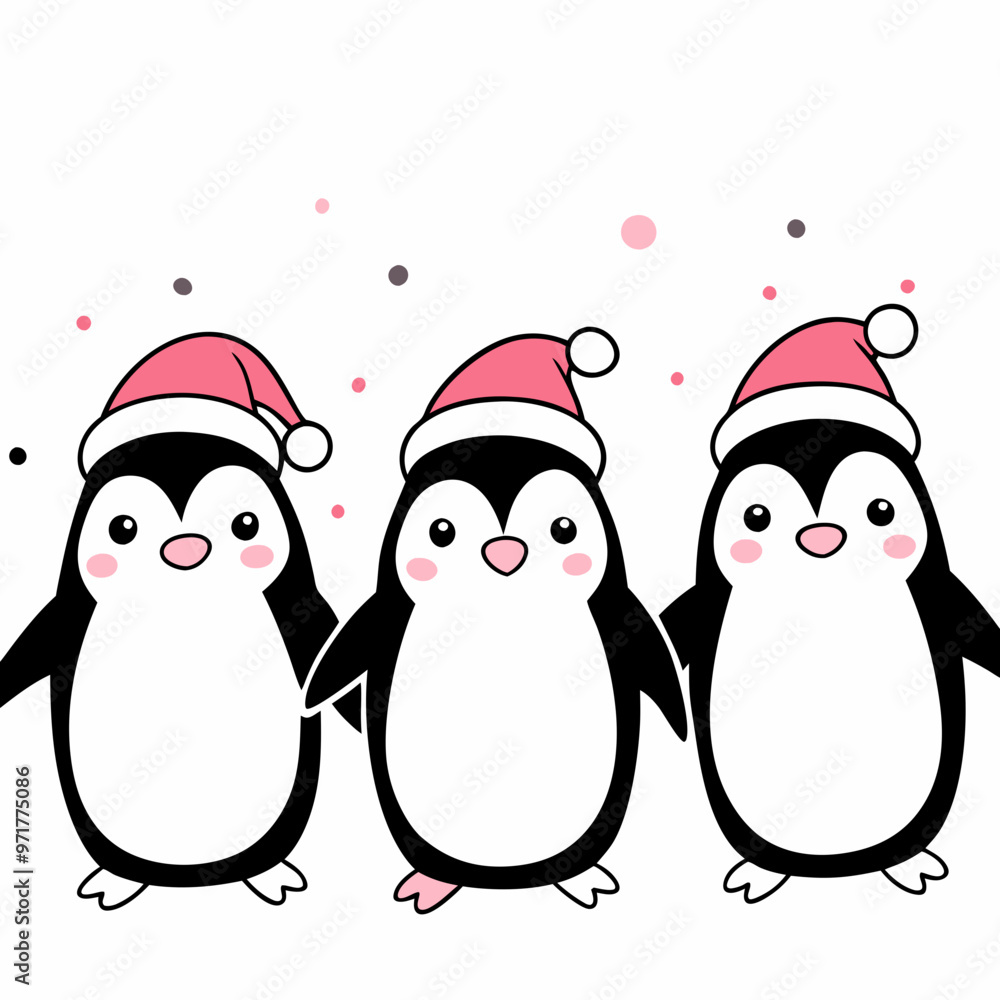 Fototapeta premium Three adorable penguins in pink Santa hats smiling together on a white background with copy space