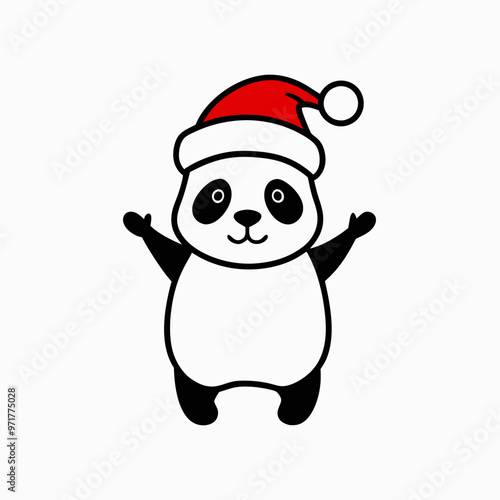 Joyful panda in a Santa hat welcoming Christmas in a simple and cute illustration