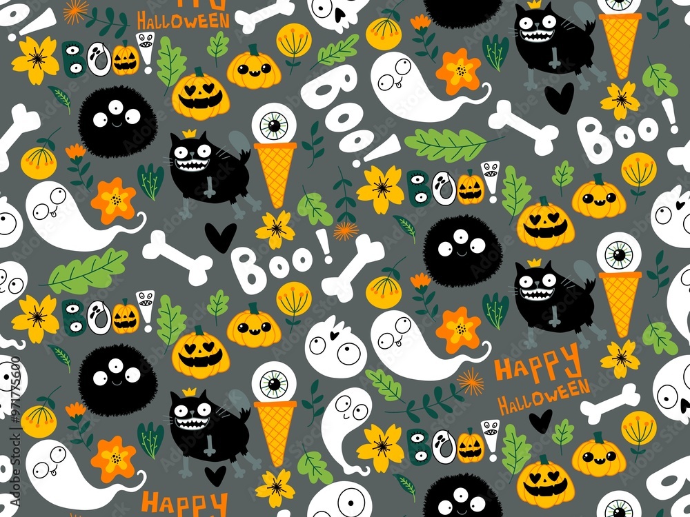 Halloween animals seamless cats and pumpkins pattern for wrapping paper Halloween animals seamless cats and pumpkins pattern for wrapping paper