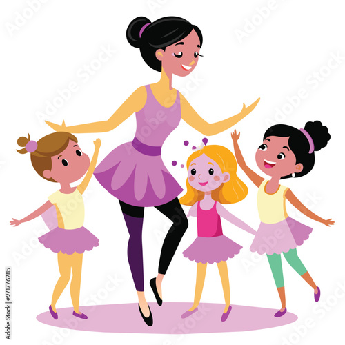 A ballet teacher leads a lively dance lesson with little girls encouraging them to express their creativity in a colorful cheerful atmosphere