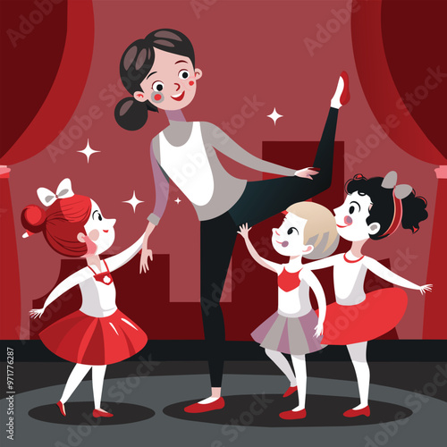 A ballet teacher demonstrates a graceful dance move while encouraging young girls in red costumes cultivating joy and enthusiasm for dance together