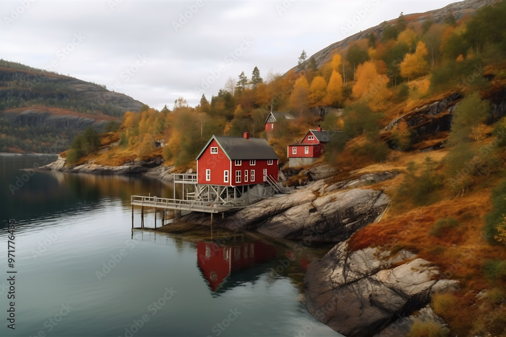 Fototapeta premium Red house by lake shore