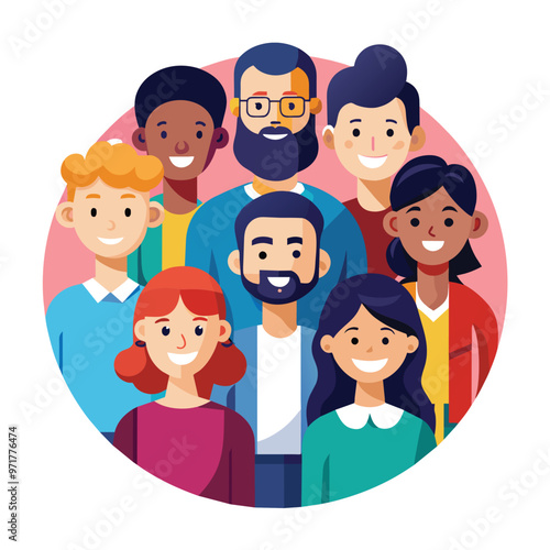 A group of cheerful friends stands close together smiling broadly in a circular formation highlighting their diverse features and vibrant clothing