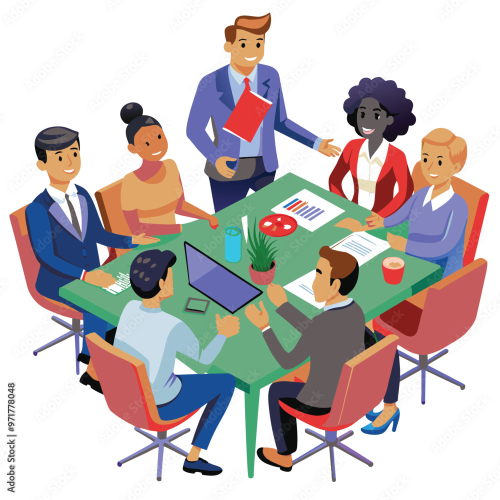 A diverse corporate team collaborates in a boardroom discussing strategies and sharing ideas while reviewing documents and digital devices A diverse corporate team collaborates in a boardroom discussing strategies and sharing ideas while reviewing documents and digital devices
