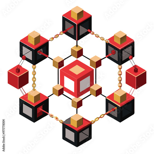The artwork showcases a blockchain network featuring connected blocks with chains emphasizing the complex structure of cryptocurrency technology and its function