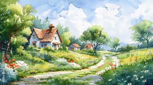 Create a watercolor painting of a traditional village landscape, including cozy cottages, meandering paths, and lush greenery photo