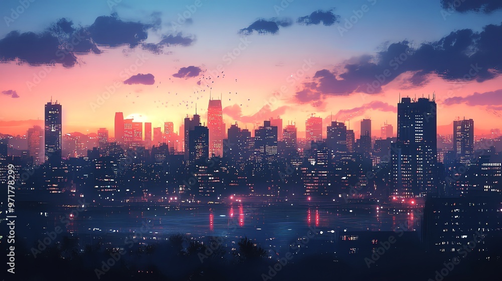 Fototapeta premium A vibrant city skyline at sunset with colorful clouds.