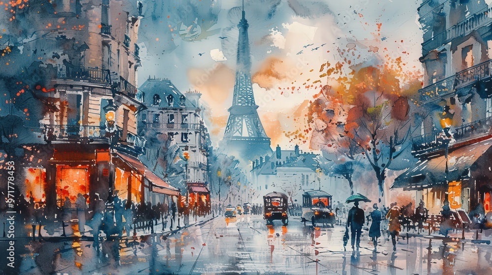 Obraz premium Create a watercolor cityscape depicting an old-world charm with detailed historical landmarks and bustling street life