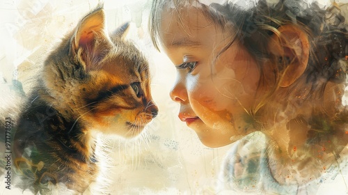 Create a digital watercolor painting of a playful kitten interacting with a young child, capturing the warmth and tenderness of the moment photo