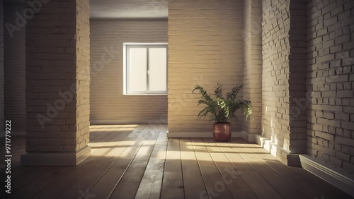 Empty room with white brick wall and wooden floor