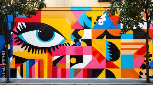 A colorful mural on a wall with an eye as the centerpiece.