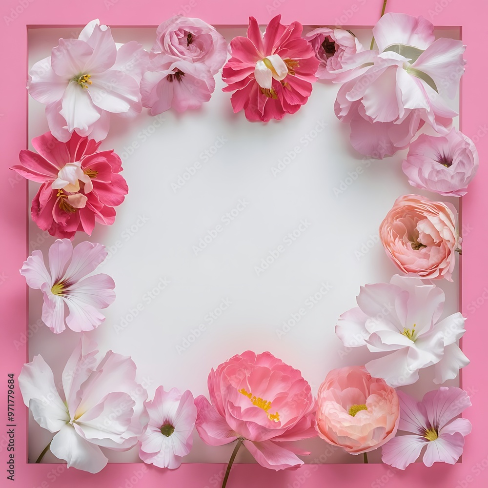 Fototapeta premium Top view of blank card and beautiful blooming flowers isolated on pink