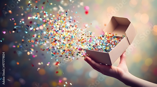 Hand Opening a Gift Box with a Surprise Inside: A hand lifting the lid of a gift box, with a playful surprise like confetti bursting out.
