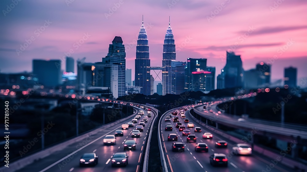 Obraz premium Ampang Kuala Lumpur Elevated Highway AKLEH with City Skyline in Malaysia at Twilight Blurred Defocused Bokeh Background