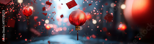 Surreal Angpao scene featuring vibrant red envelopes and lanterns, creating festive atmosphere filled with joy and celebration photo