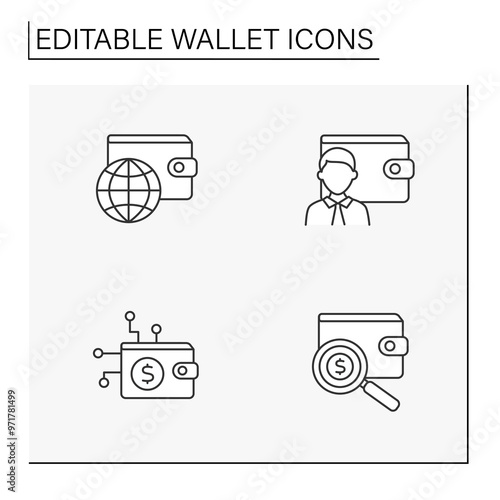 Wallet line icons set. Business plan. Cryptowallet and personal banking account. Budget concept. Isolated vector illustrations.Editable stroke