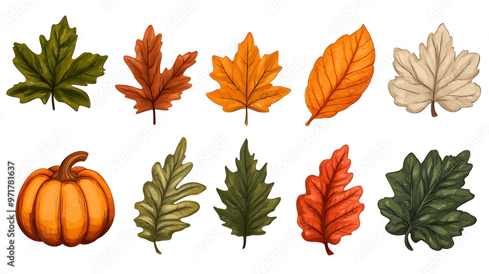 Fototapeta premium A collection of autumn leaves in various colors, including green, red, orange, and yellow. A single pumpkin is also included.