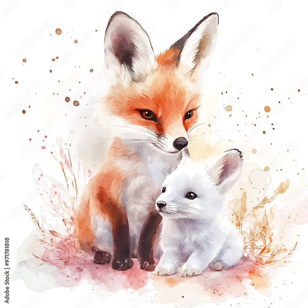 Obraz premium A mother fox lovingly watches over her white fox cub in a watercolor illustration.