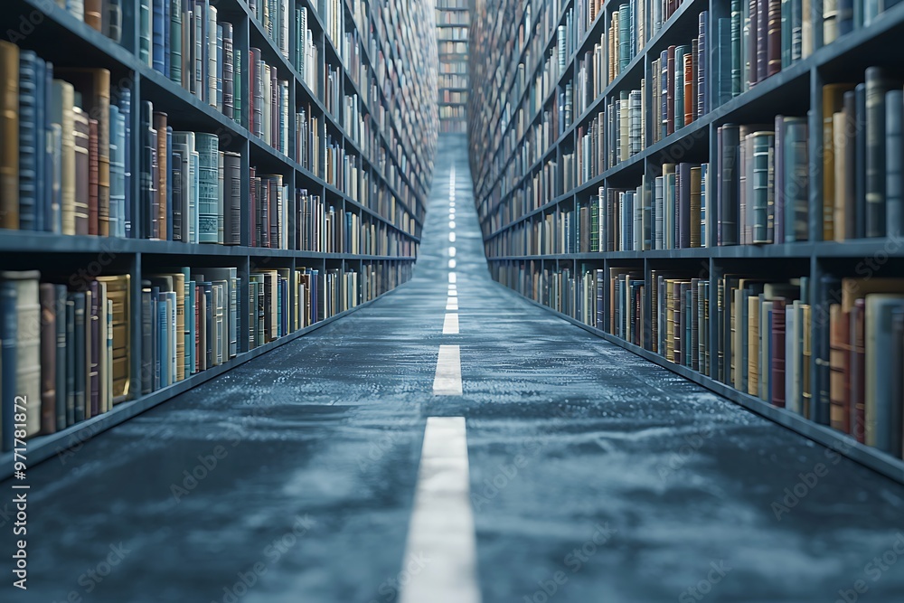 Obraz premium Endless library aisle with bookshelves and a white road in the middle
