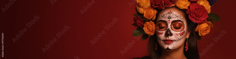 Dia de los Muertos banner with beautiful woman in sugar skull make up. Catrina Calavera wide banner concept for mexican Day of Dead festival at solid dark red background. Dia de los Muertos banner with beautiful woman in sugar skull make up. Catrina Calavera wide banner concept for mexican Day of Dead festival at solid dark red background.