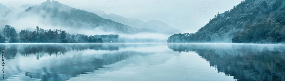 Fototapeta premium A serene landscape featuring a tranquil lake surrounded by misty mountains and lush trees under a calm, blue atmosphere.