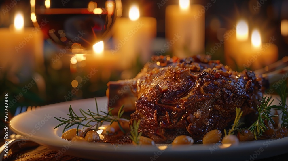 Festive roasted meat dish such as turkey beef or duck served on a plate with rosemary surrounded by a cozy candle lit holiday dinner table setting Warm Festive roasted meat dish such as turkey beef or duck served on a plate with rosemary surrounded by a cozy candle lit holiday dinner table setting Warm
